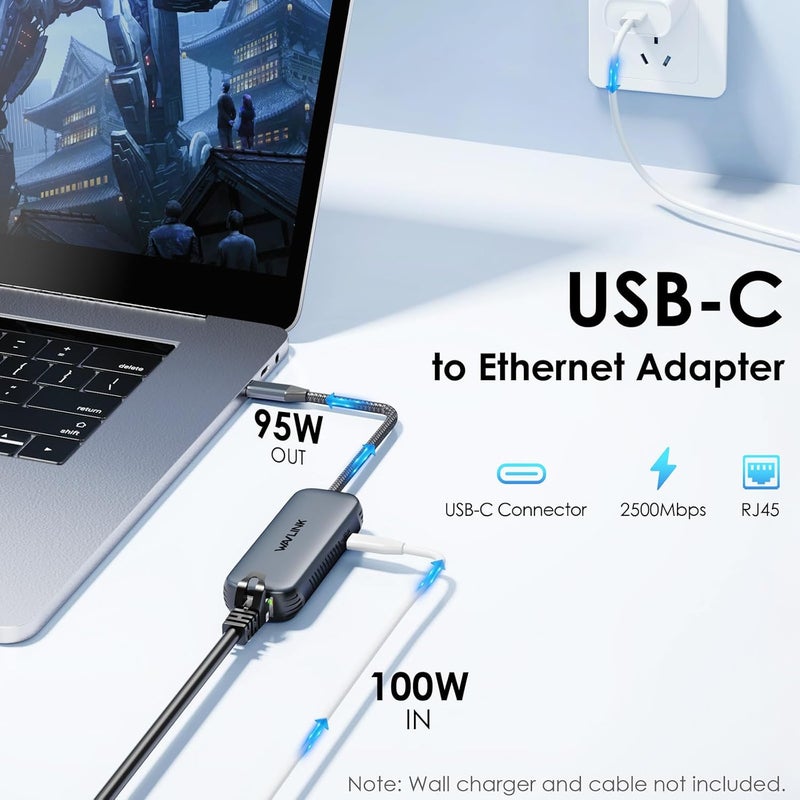 WAVLINK USB C to Ethernet Adapter 2.5Gbps with 95W PD, 2500Mbps USB-C to RJ45 Network Converter (USB4, Thunderbolt 3/4/5 Compatible), Aluminum Case for Windows, Mac OS, iPad OS and More. - Image 2